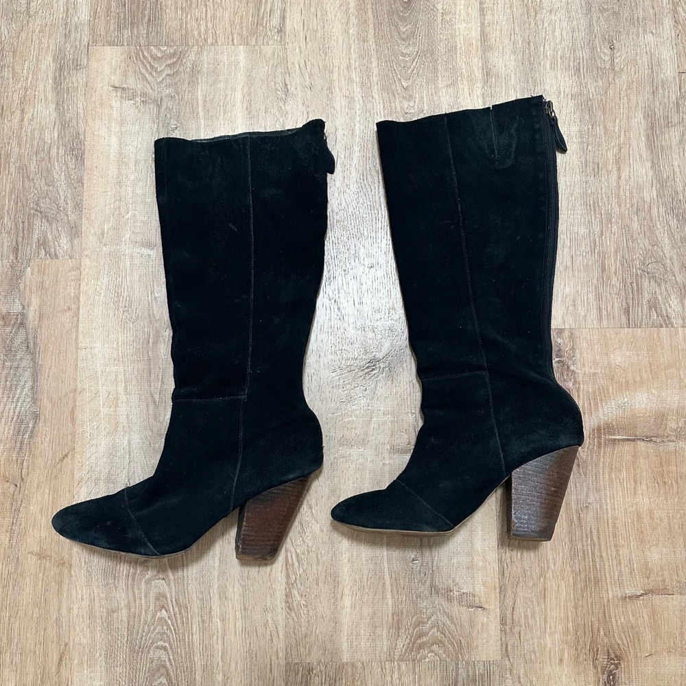 COCONUTS | Women's Black Leather Suede Knee High Chunky Heel Boots